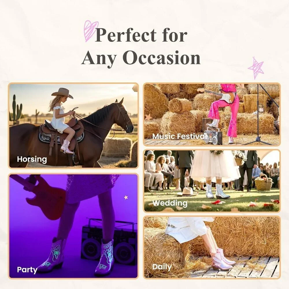 PATPAT Girls Cowgirl Boots Western Riding Shoes with Zipper & Square Toe - Picture 6 of 6